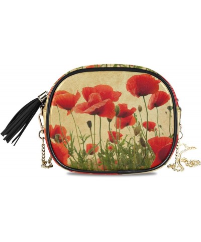 Small Crossbody Bag Vintage Flower Red Poppies Field Womens Shoulder Chain Bag PU Leather Small Purse With Tassel $10.32 Shou...