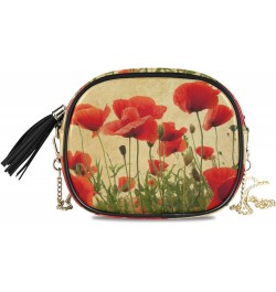 Small Crossbody Bag Vintage Flower Red Poppies Field Womens Shoulder Chain Bag PU Leather Small Purse With Tassel $10.32 Shou...