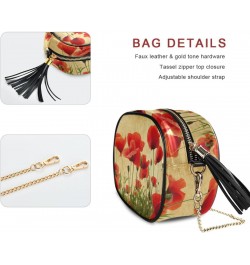 Small Crossbody Bag Vintage Flower Red Poppies Field Womens Shoulder Chain Bag PU Leather Small Purse With Tassel $10.32 Shou...