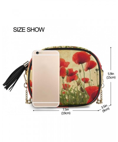 Small Crossbody Bag Vintage Flower Red Poppies Field Womens Shoulder Chain Bag PU Leather Small Purse With Tassel $10.32 Shou...