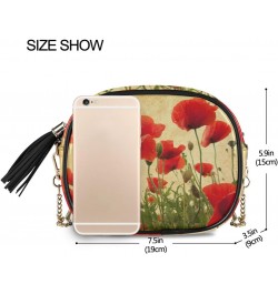 Small Crossbody Bag Vintage Flower Red Poppies Field Womens Shoulder Chain Bag PU Leather Small Purse With Tassel $10.32 Shou...