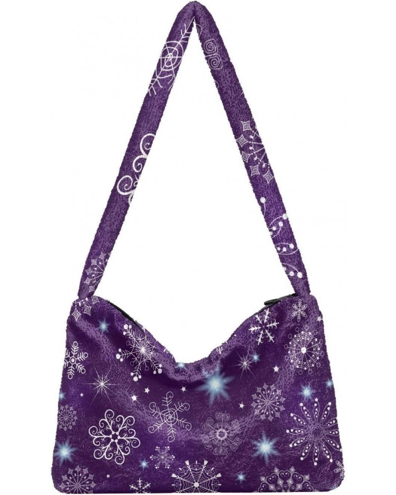 Violet Christmas Snowflakes Furry Tote Bag for Women Crossbody Bag Crossbody Bag Purse Furry Soft Bag with Zipper for Fall Wi...