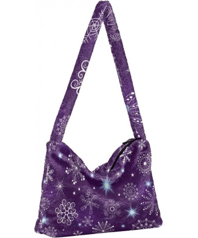 Violet Christmas Snowflakes Furry Tote Bag for Women Crossbody Bag Crossbody Bag Purse Furry Soft Bag with Zipper for Fall Wi...