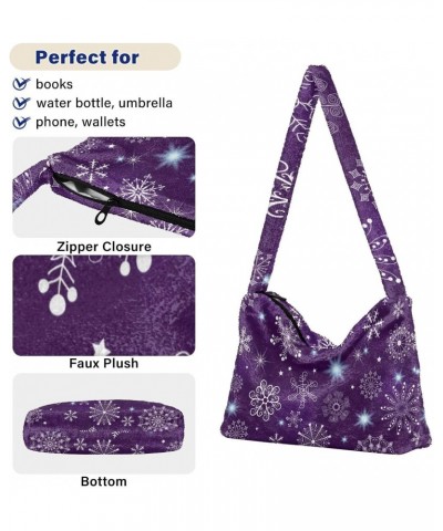 Violet Christmas Snowflakes Furry Tote Bag for Women Crossbody Bag Crossbody Bag Purse Furry Soft Bag with Zipper for Fall Wi...