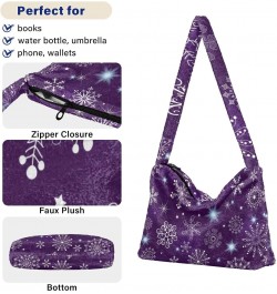 Violet Christmas Snowflakes Furry Tote Bag for Women Crossbody Bag Crossbody Bag Purse Furry Soft Bag with Zipper for Fall Wi...