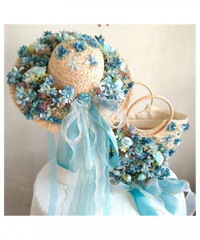 Ladies Handmade Straw Bag Large Capacity Travel Tote Bag Filigree Cap Set Sky Blue $64.47 Totes