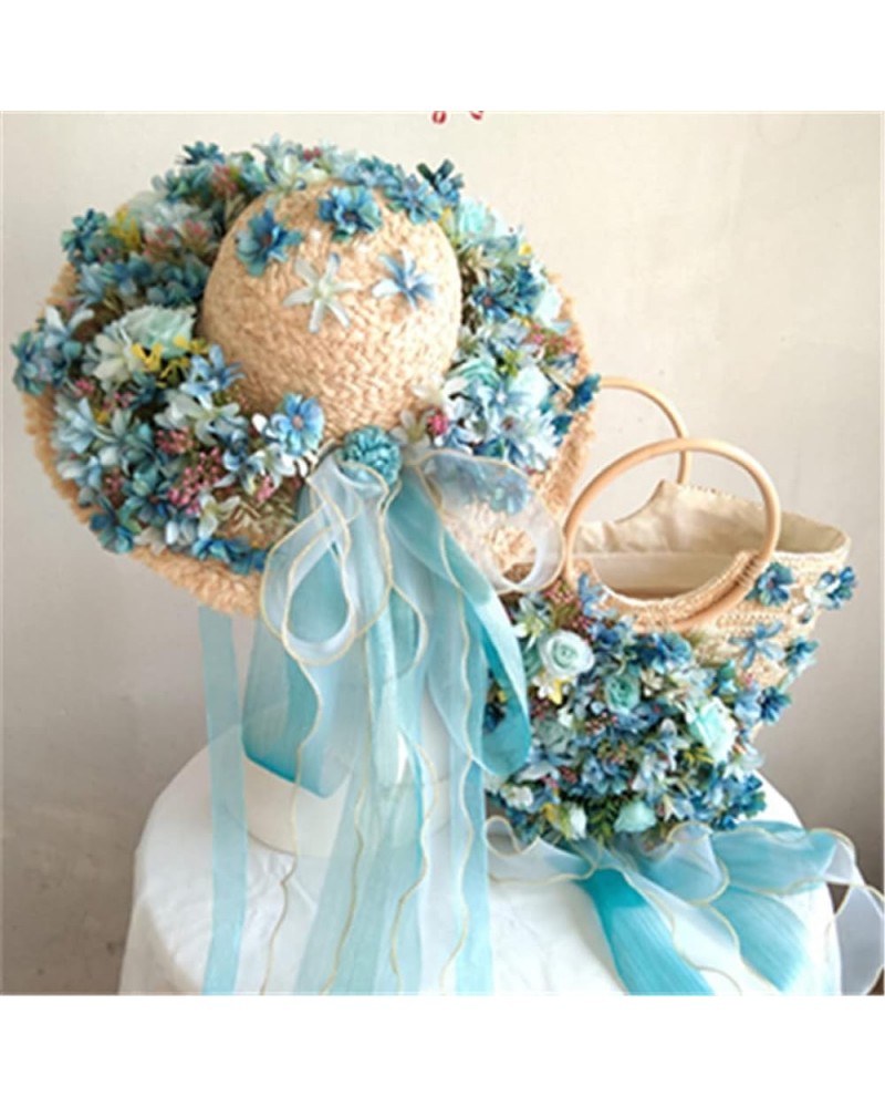 Ladies Handmade Straw Bag Large Capacity Travel Tote Bag Filigree Cap Set Sky Blue $64.47 Totes