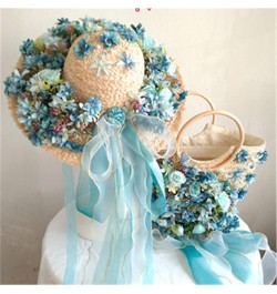 Ladies Handmade Straw Bag Large Capacity Travel Tote Bag Filigree Cap Set Sky Blue $64.47 Totes