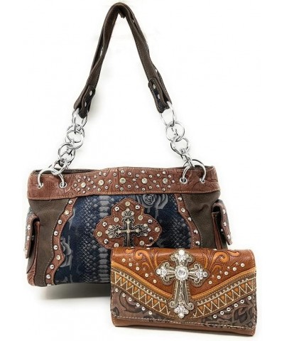 Western Premium Suede Leather Cross Buckle Floral Women's shoulder handbag Wallet Set Brown Blue Cross Set $27.09 Shoulder Bags