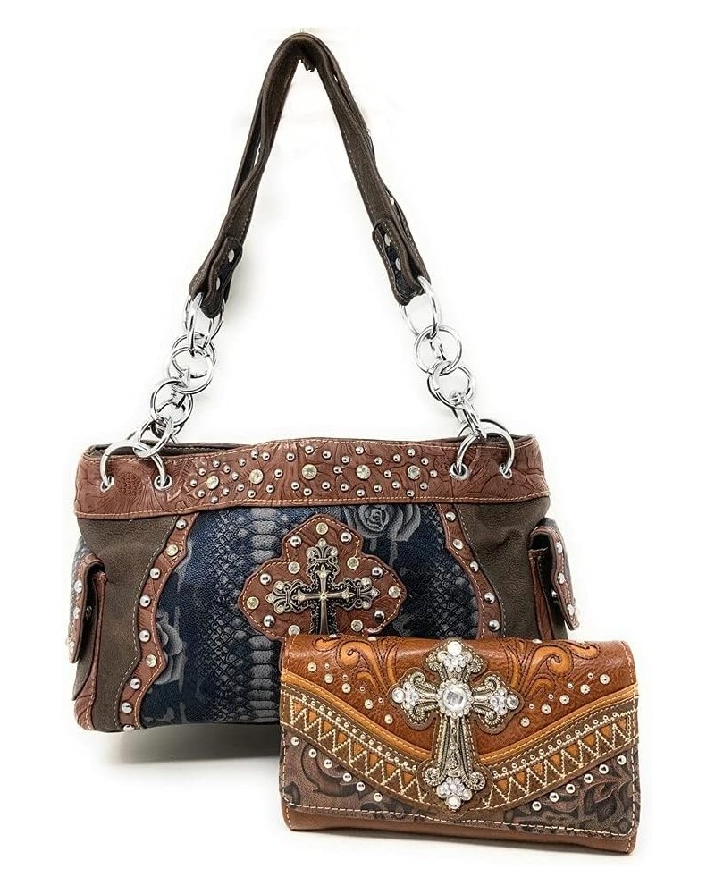 Western Premium Suede Leather Cross Buckle Floral Women's shoulder handbag Wallet Set Brown Blue Cross Set $27.09 Shoulder Bags