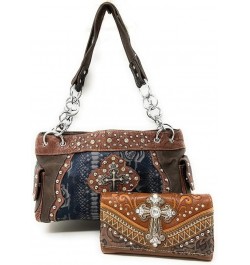 Western Premium Suede Leather Cross Buckle Floral Women's shoulder handbag Wallet Set Brown Blue Cross Set $27.09 Shoulder Bags