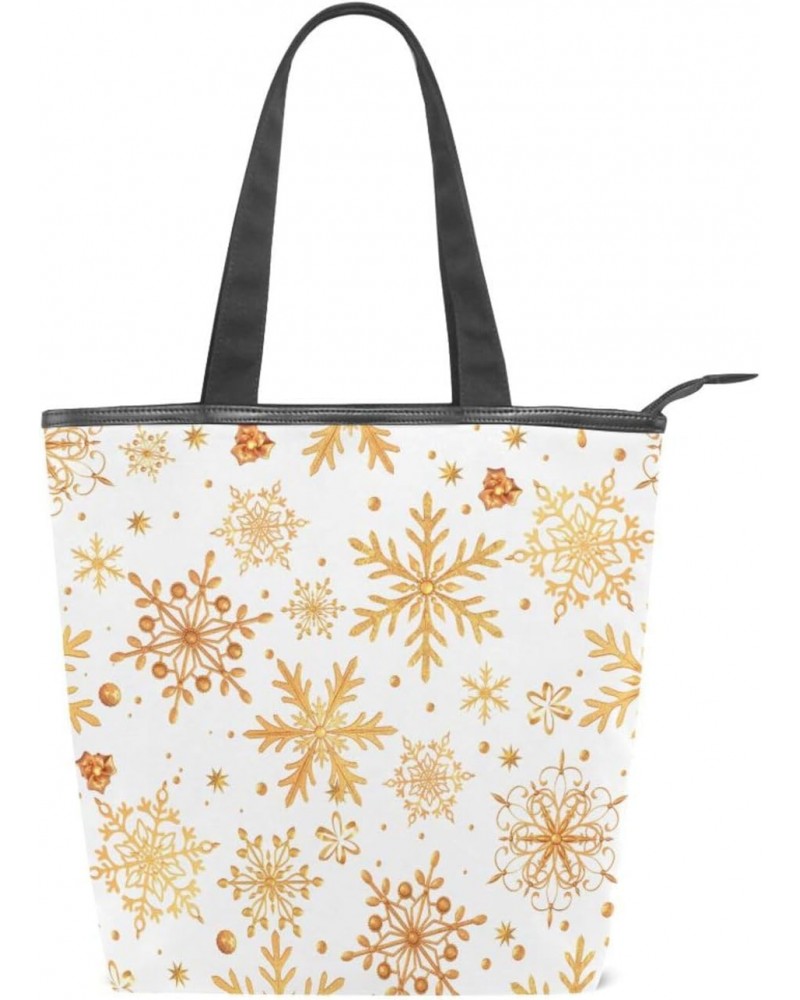 Tote Bag Christmas Golden Snowflakes Canvas Zippered Tote Handbag for Women with 2 Interior Pockets $11.04 Totes