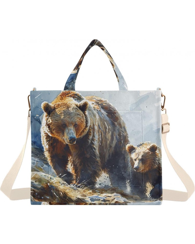 Corduroy Tote Bag for Women Bear and Cub Print, Handbag Purses with Detachable Strap Size Small $15.92 Crossbody Bags