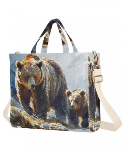 Corduroy Tote Bag for Women Bear and Cub Print, Handbag Purses with Detachable Strap Size Small $15.92 Crossbody Bags