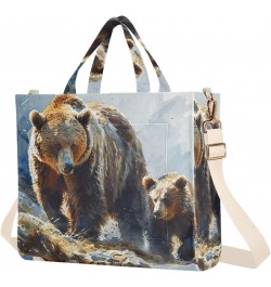 Corduroy Tote Bag for Women Bear and Cub Print, Handbag Purses with Detachable Strap Size Small $15.92 Crossbody Bags