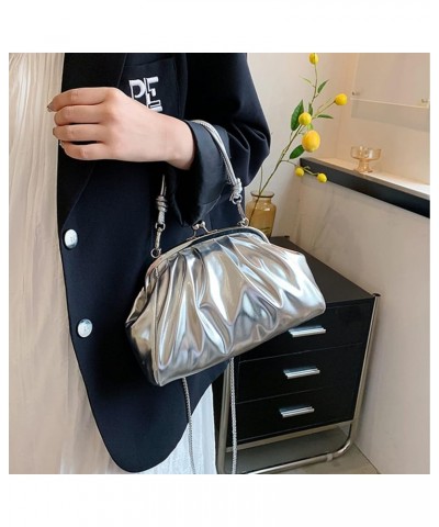 Leather Evening Bag Pleated Clutch Purses Top Handle Shoulder Bags Kiss Lock Handbags (Silver) Silver $23.29 Evening Bags