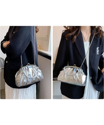 Leather Evening Bag Pleated Clutch Purses Top Handle Shoulder Bags Kiss Lock Handbags (Silver) Silver $23.29 Evening Bags