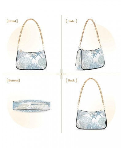 Marine Sea Shells Stars Shoulder Bag for Women Fabric Crescent Handbag with Zipper Chain Clutch Purses for Travel Party Conce...