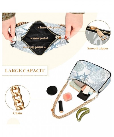 Marine Sea Shells Stars Shoulder Bag for Women Fabric Crescent Handbag with Zipper Chain Clutch Purses for Travel Party Conce...