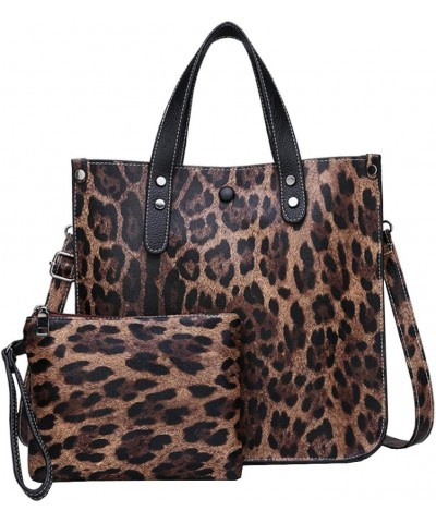 2PCS Women Handbag Set Purse Satchel Leopard PU Shoulder Top-handle Bag Hobo Tote Brown Brown $34.76 Totes