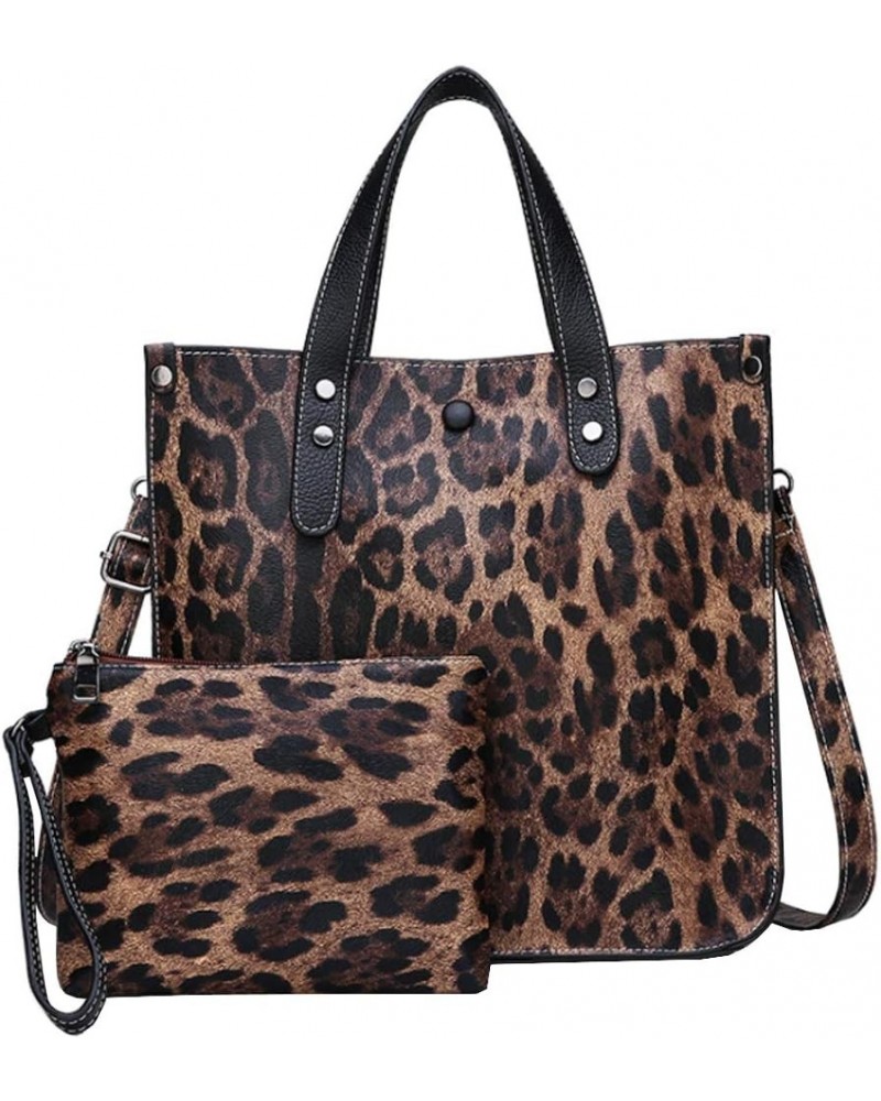 2PCS Women Handbag Set Purse Satchel Leopard PU Shoulder Top-handle Bag Hobo Tote Brown Brown $34.76 Totes