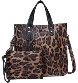 2PCS Women Handbag Set Purse Satchel Leopard PU Shoulder Top-handle Bag Hobo Tote Brown Brown $34.76 Totes