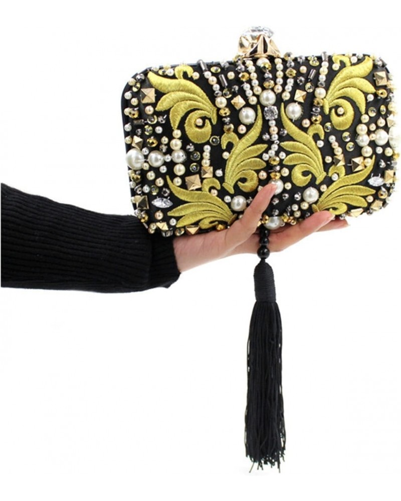 Evening Bag,Women's Suede Clutch bag,SatinBanquet Bag,Handbag,clutch bag Pearl Beads Embroidery Clutch Bag Black Tassels Crys...