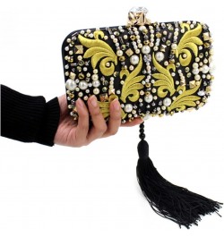 Evening Bag,Women's Suede Clutch bag,SatinBanquet Bag,Handbag,clutch bag Pearl Beads Embroidery Clutch Bag Black Tassels Crys...