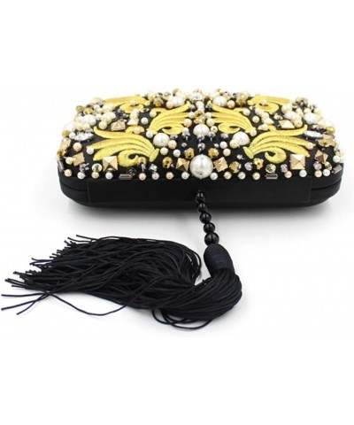 Evening Bag,Women's Suede Clutch bag,SatinBanquet Bag,Handbag,clutch bag Pearl Beads Embroidery Clutch Bag Black Tassels Crys...