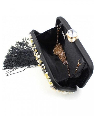 Evening Bag,Women's Suede Clutch bag,SatinBanquet Bag,Handbag,clutch bag Pearl Beads Embroidery Clutch Bag Black Tassels Crys...