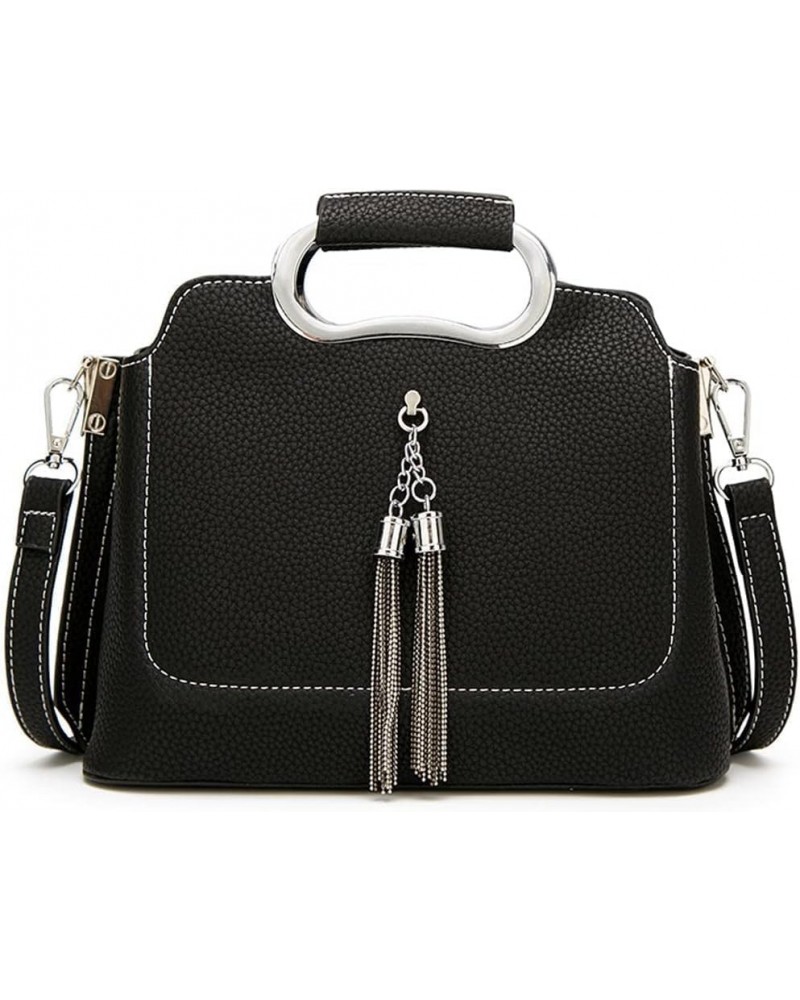 Top Handle Handbag for Women Tassel Shoulder Bag Soft Faux Leather Crossbody Bag Retro Satchel Black $36.62 Totes