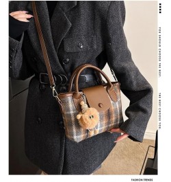 Plaid Woolen Tote Square Bag, Niche Design Small Tweed Purses for Women with Doll Pendant Blue Plaid $20.29 Totes