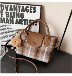 Plaid Woolen Tote Square Bag, Niche Design Small Tweed Purses for Women with Doll Pendant Blue Plaid $20.29 Totes