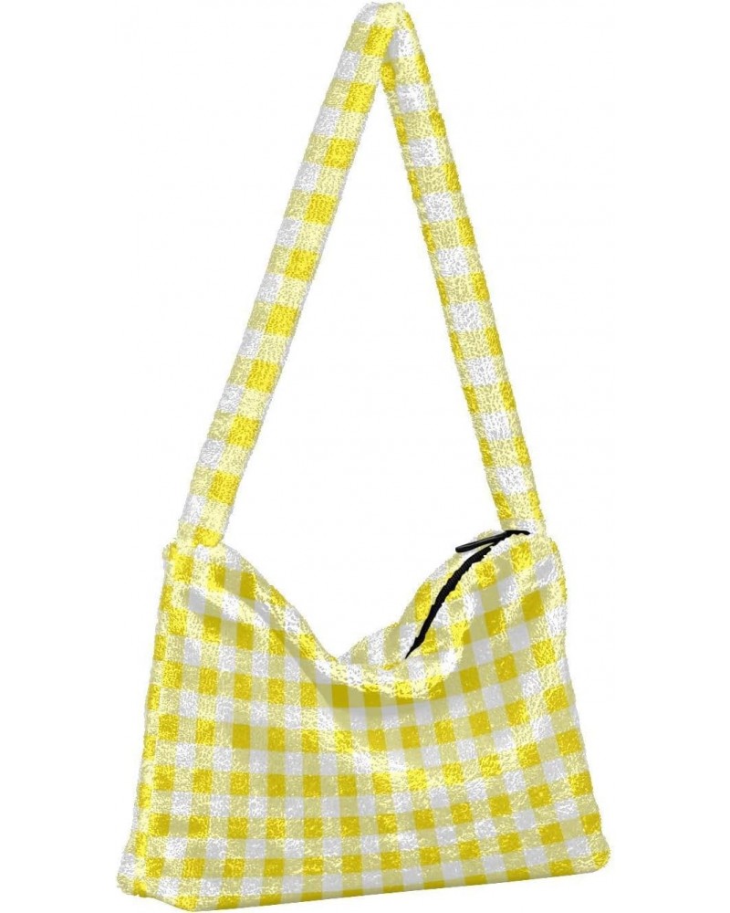 Women Boho Handbag Gingham Plaid Cute Yellow Underarm Bag Tote Bag Shoulder Bag Crossbody Bag Fluffy Cell Phone Purse Lady Tr...