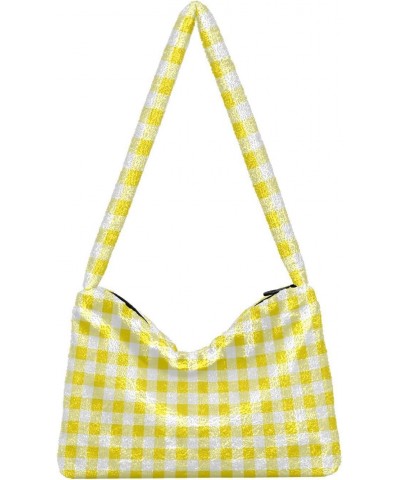 Women Boho Handbag Gingham Plaid Cute Yellow Underarm Bag Tote Bag Shoulder Bag Crossbody Bag Fluffy Cell Phone Purse Lady Tr...