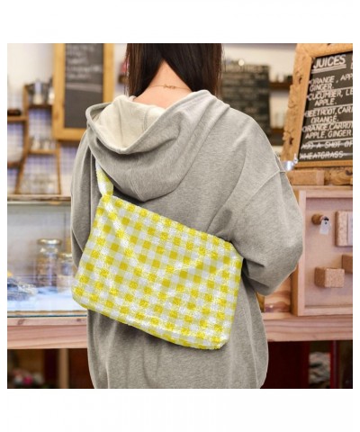 Women Boho Handbag Gingham Plaid Cute Yellow Underarm Bag Tote Bag Shoulder Bag Crossbody Bag Fluffy Cell Phone Purse Lady Tr...