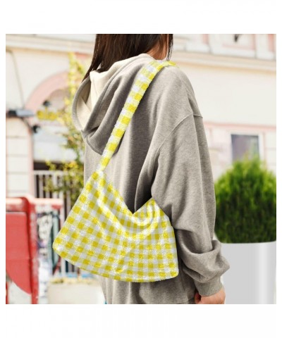 Women Boho Handbag Gingham Plaid Cute Yellow Underarm Bag Tote Bag Shoulder Bag Crossbody Bag Fluffy Cell Phone Purse Lady Tr...