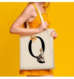 Monogram Initial U Halloween Cat Pumpkin Canvas Tote Bag with Handle Cute Book Bag Shopping Shoulder Bag for Women Girls Styl...