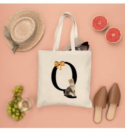 Monogram Initial U Halloween Cat Pumpkin Canvas Tote Bag with Handle Cute Book Bag Shopping Shoulder Bag for Women Girls Styl...