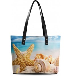 Womens Handbag Starfish And Seashells Beach Leather Tote Bag Top Handle Satchel Bags For Lady $16.80 Totes