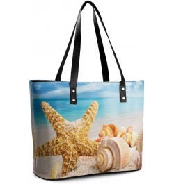 Womens Handbag Starfish And Seashells Beach Leather Tote Bag Top Handle Satchel Bags For Lady $16.80 Totes