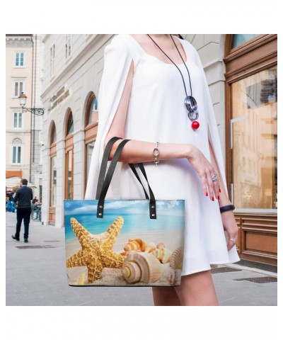 Womens Handbag Starfish And Seashells Beach Leather Tote Bag Top Handle Satchel Bags For Lady $16.80 Totes