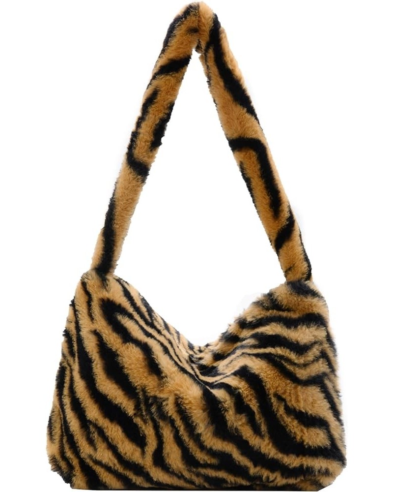 Fluffy Tote Bag for Women Girls Ladies Fuzzy Shoulder Bag Purse Brown Zebra $7.64 Shoulder Bags