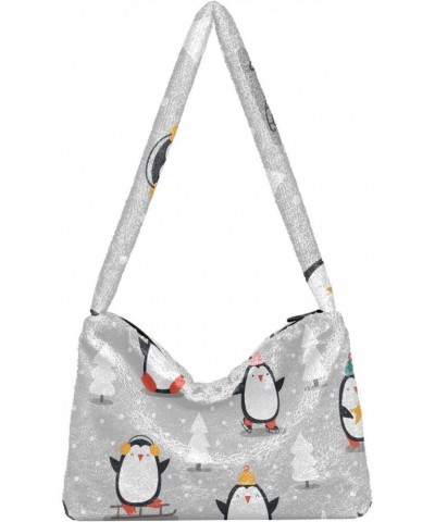 Christmas Penguins Furry Tote Bag for Women Crossbody Bag Faux Fur Shoulder Handbag Purse Hobo Purse with Zipper for Men $11....