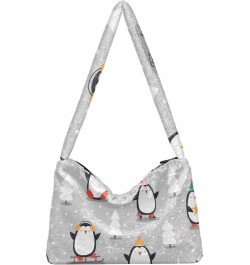 Christmas Penguins Furry Tote Bag for Women Crossbody Bag Faux Fur Shoulder Handbag Purse Hobo Purse with Zipper for Men $11....