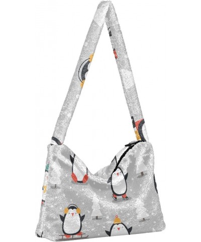 Christmas Penguins Furry Tote Bag for Women Crossbody Bag Faux Fur Shoulder Handbag Purse Hobo Purse with Zipper for Men $11....