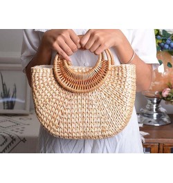 Straw Tote Bag for Women Handmade Straw Rattan Woven Handbag Summer Beach Bag Moon Shape Tote Bag Rattan Clutch Purse Large M...