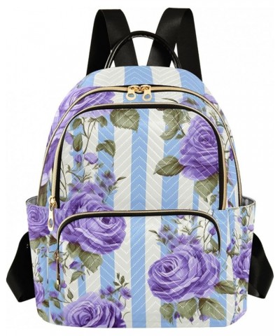 Blue Roses in Stripes with Violet Striped Small Backpack for Women Travel, Fashion Daypack, Womens Travel Backpack for Airpla...