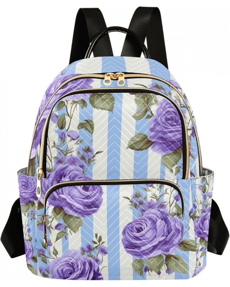 Blue Roses in Stripes with Violet Striped Small Backpack for Women Travel, Fashion Daypack, Womens Travel Backpack for Airpla...