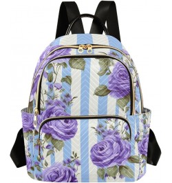 Blue Roses in Stripes with Violet Striped Small Backpack for Women Travel, Fashion Daypack, Womens Travel Backpack for Airpla...